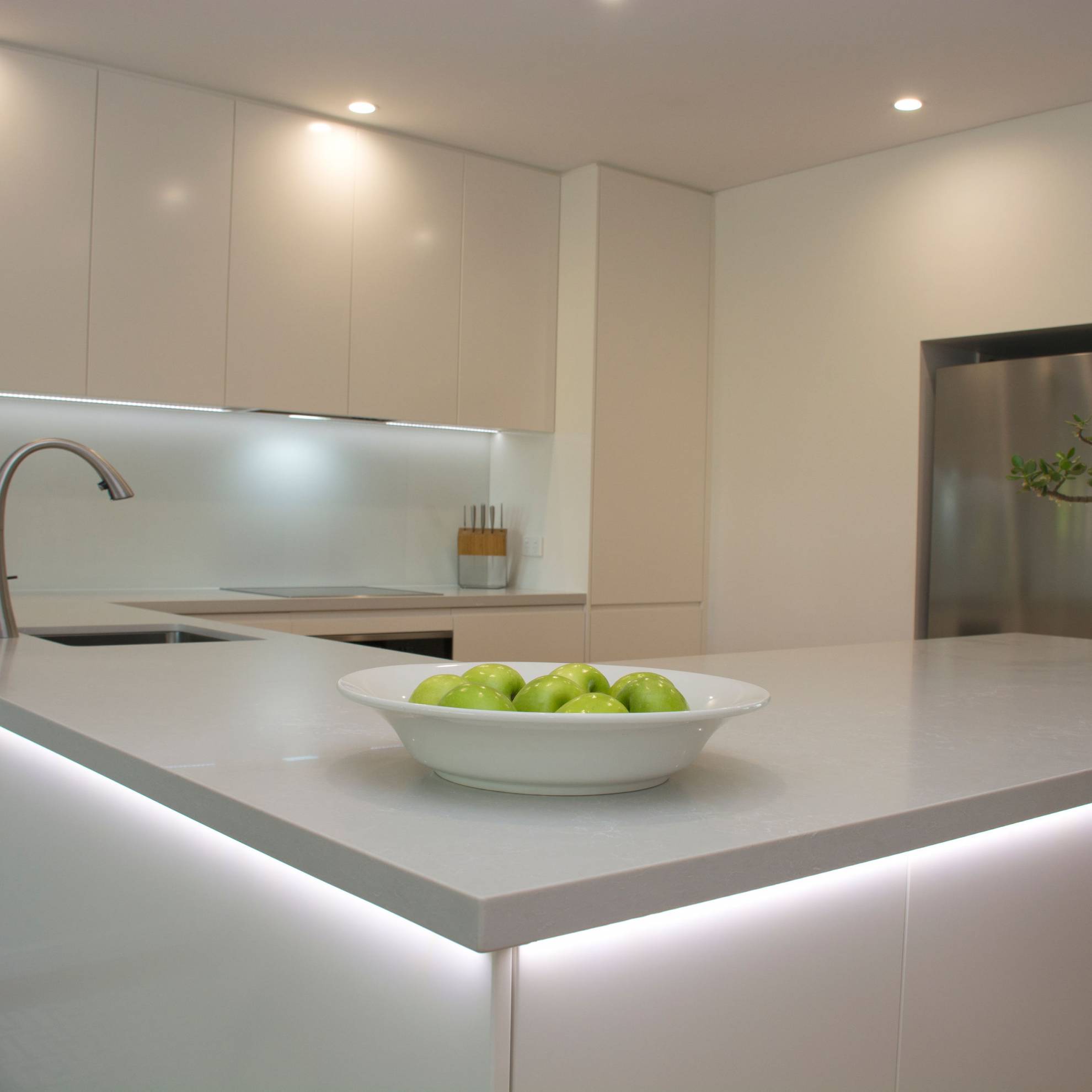 Kitchen view with under bench lights